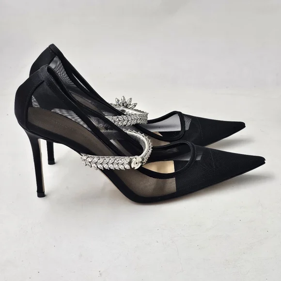 MACH & MACH Lotus Flower Crystal Mesh Pumps Black Stiletto Heels EU38 $1100 - Picture 6 of 11